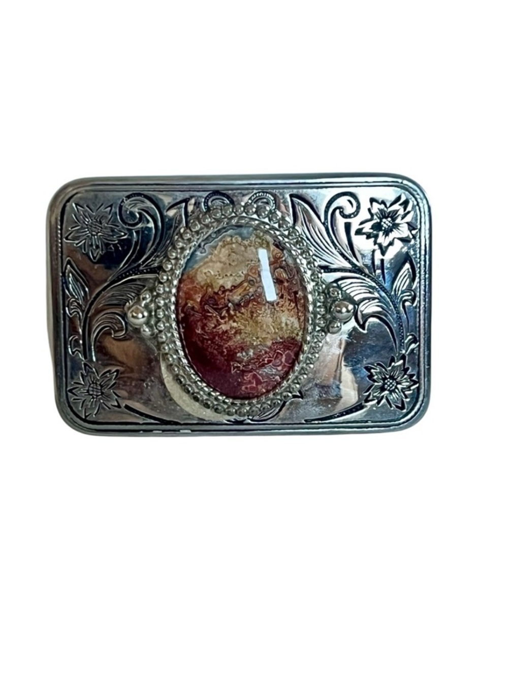 Silvertone Western Style Etched Belt Buckle Unisex Faux Stone Rodeo